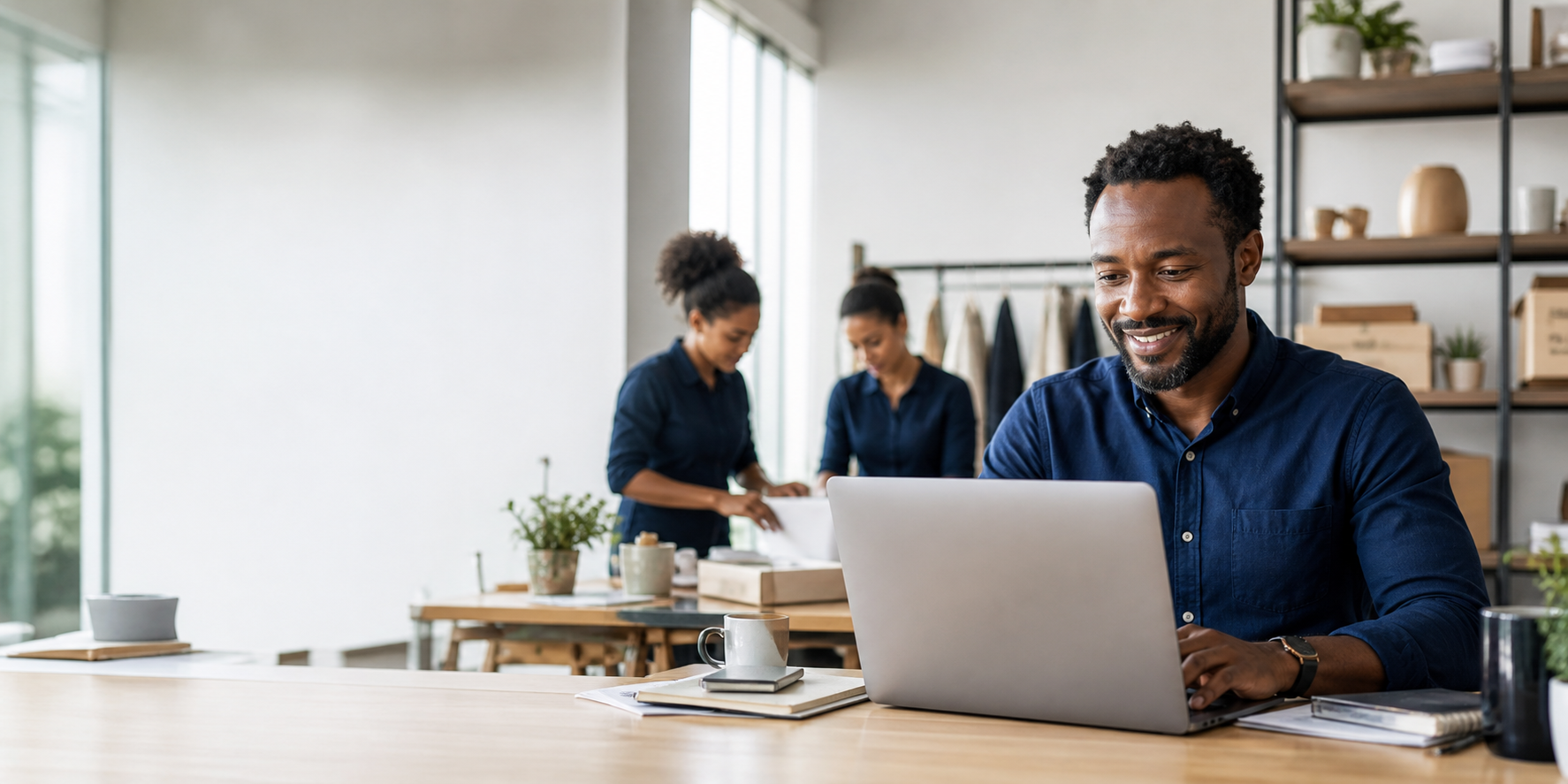 Business owner reviewing a connected ApXute workspace with a team