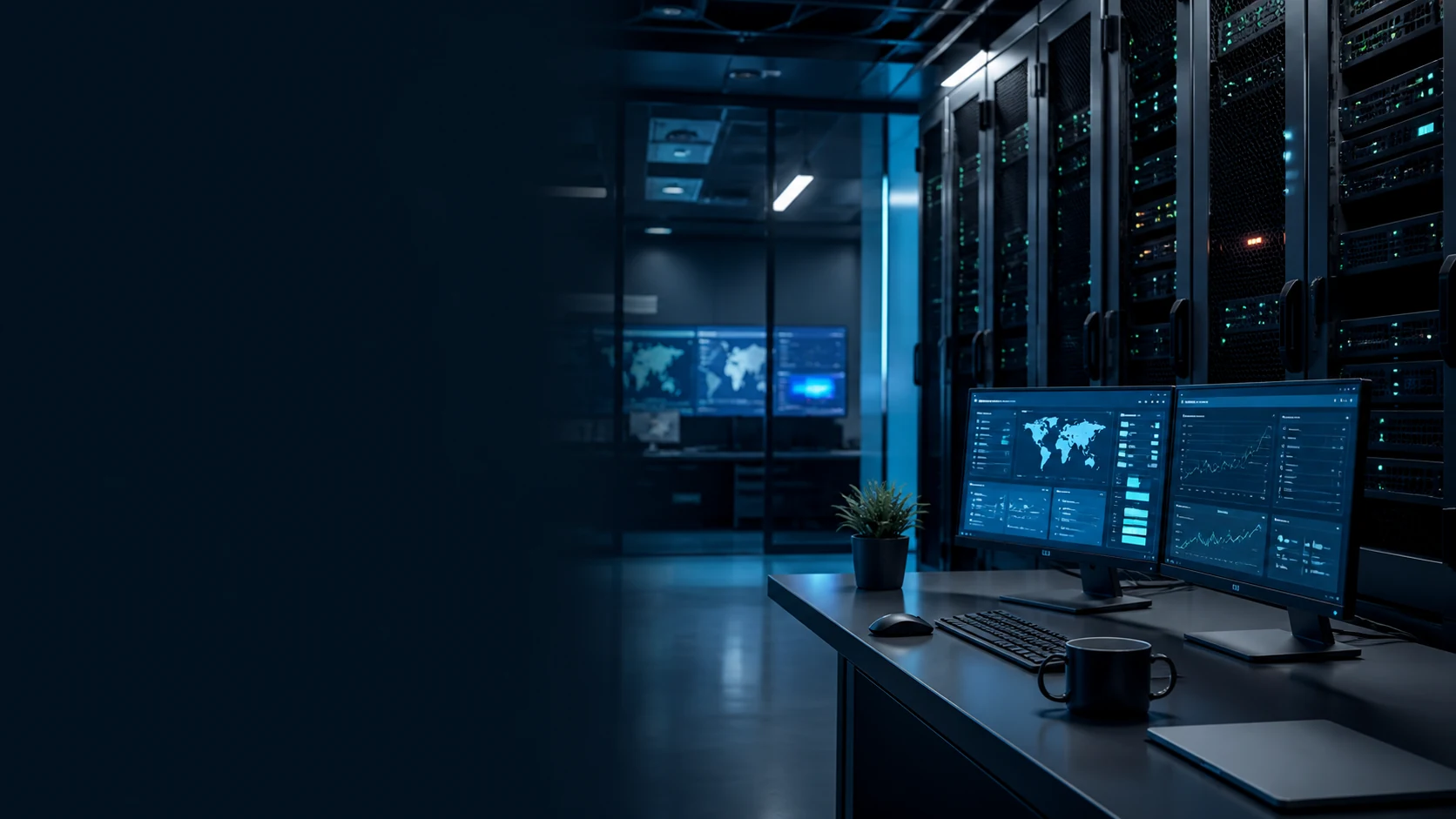 Modern server racks and a web hosting operations console